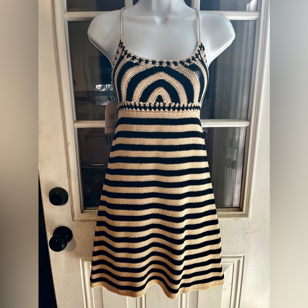 Striped Black and Cream Knit Crochet Mini Dress